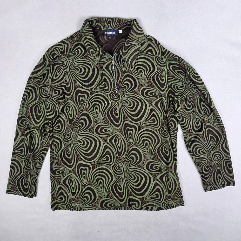 Vtg 90s Positano Charles Lapson 1/4 Zip Shirt Mens XL Green Psychedelic Swirl
